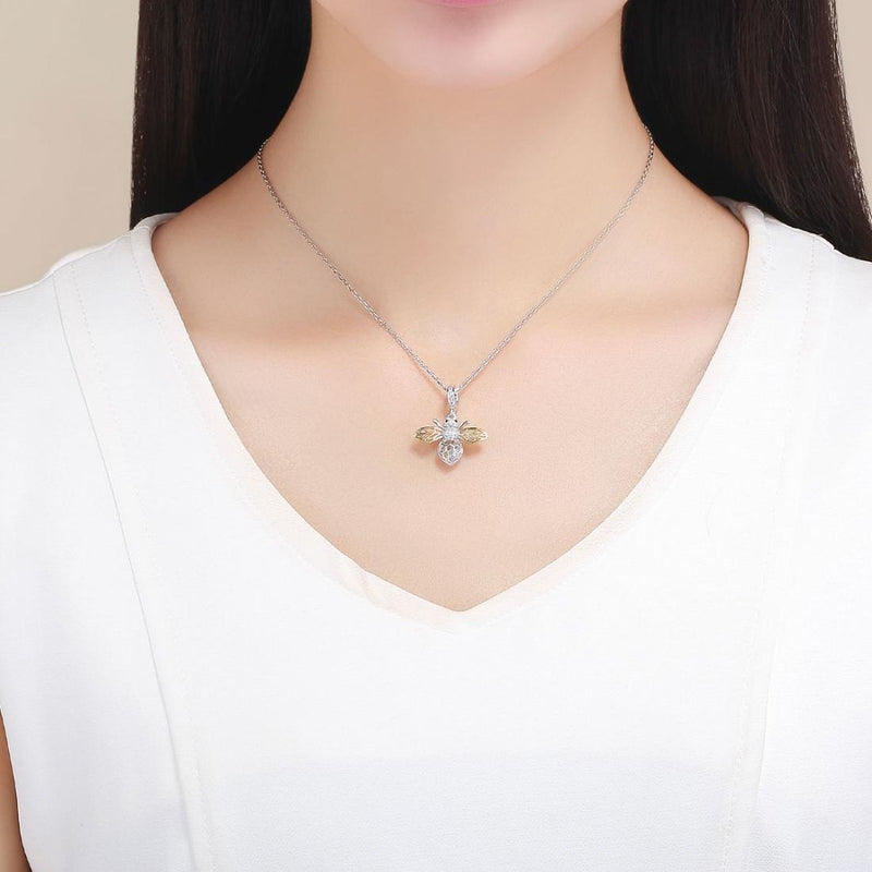 925 Sterling Silver Bee Zircon Pendant Necklace Diy Lady Style - Pendent + Necklace