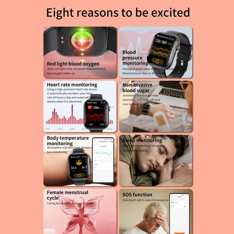 2.1 Inch Screen Smart Watch With Blood Sugar / Blood Oxygen Monitoring / Sos Alarm / 100+ Sports Modes - Black 3-Bead Steel - Black Pink