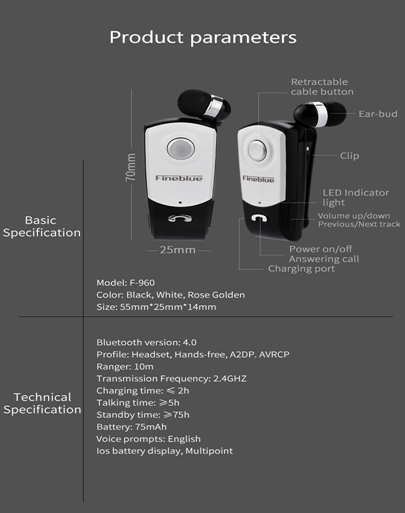 Retractable Bluetooth Headset With Caller Vibration Reminder