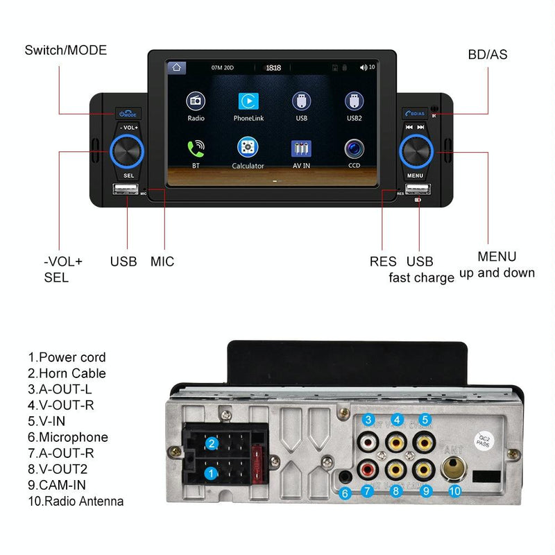 5 Inch Car Mp5 Inch Player W / Bluetooth & Microphone - Standard + 4 Lights Camera