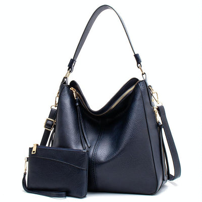Adjustable Leather Tote With Multiple Compartments - Large Capacity- BLACK