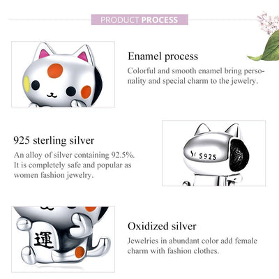 925 Sterling Silver Lucky Cat Bead For Diy Bracelet Or Necklace