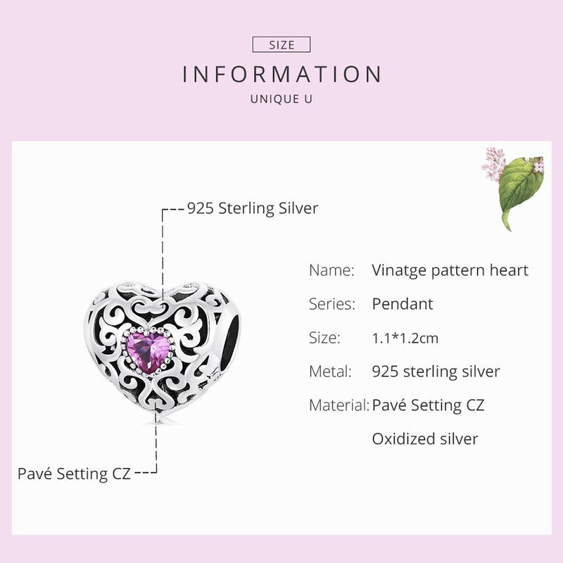 925 Sterling Silver Retro Flower Heart Beads For Diy Bracelets & Necklaces