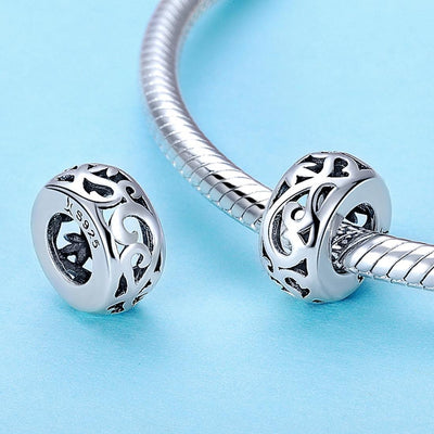 925 Sterling Silver Vintage Heart Beads With Curly Grass Pattern
