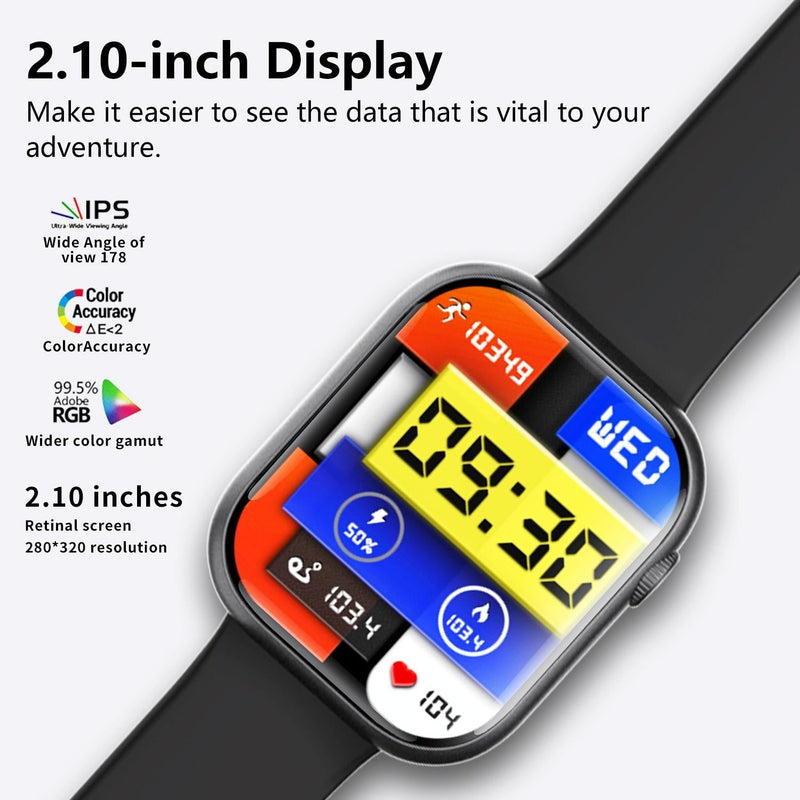 2.1 Inch Screen Smart Watch With Blood Sugar / Blood Oxygen Monitoring / Sos Alarm / 100+ Sports Modes - Black 3-Bead Steel - Black Gray