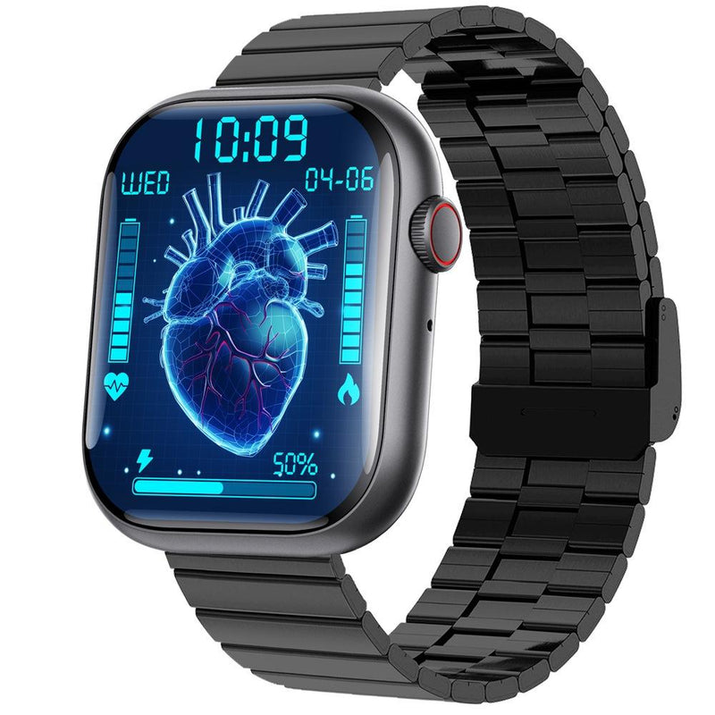 2.1 Inch Screen Smart Watch With Blood Sugar / Blood Oxygen Monitoring / Sos Alarm / 100+ Sports Modes - Black 3-Bead Steel - Black Gray