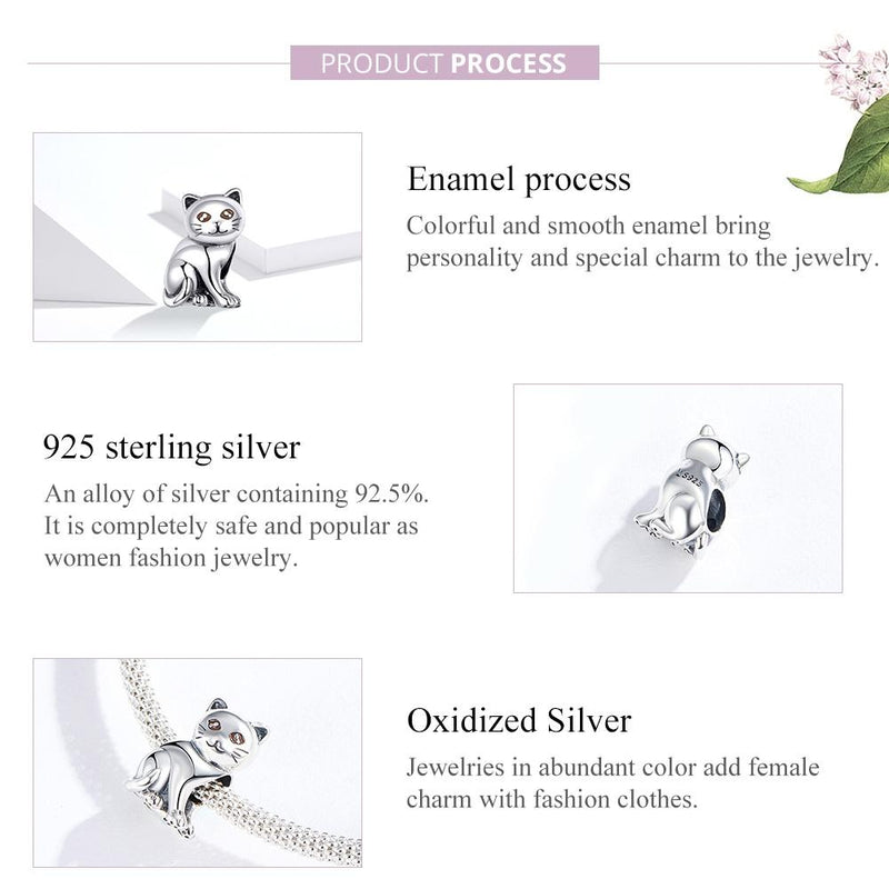 925 Sterling Silver Adorable Cat Beaded Bracelet