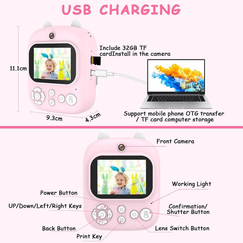 32G Instant Camera With 2.4 Display & Card Reader For Kids - 1200W Blue - 32G + Card Reader Pink