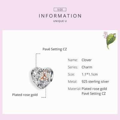 925 Sterling Silver Heart Beaded Clover Bracelet Charm