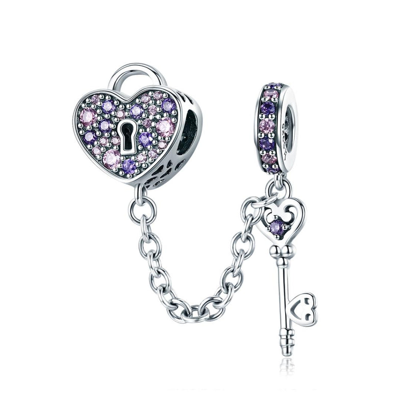 925 Sterling Silver Heart Key Safety Chain For Accessories