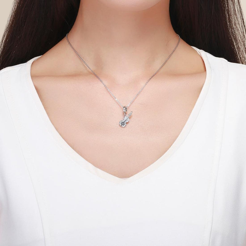 925 Sterling Silver Zircon Embellished Violin Pendant