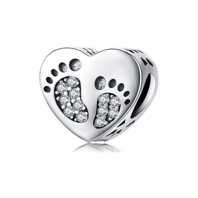 925 Sterling Silver Heart Footprint Beads For Diy Bracelets