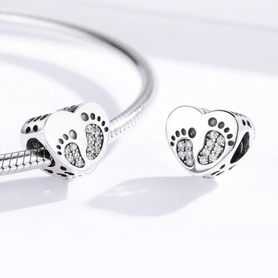 925 Sterling Silver Heart Footprint Beads For Diy Bracelets