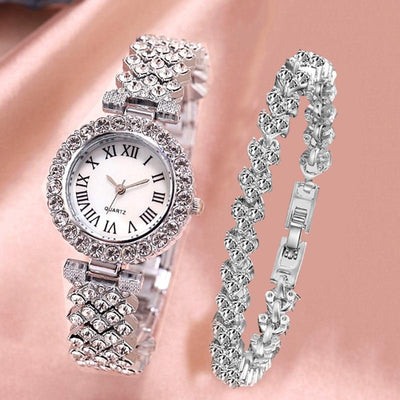 Silver Roman Diamond Quartz Watch with Bracelet - Women