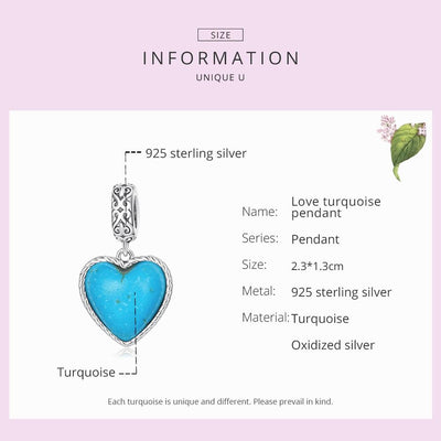 925 Sterling Silver Turquoise Heart Pendant For Diy Bracelets & Necklaces