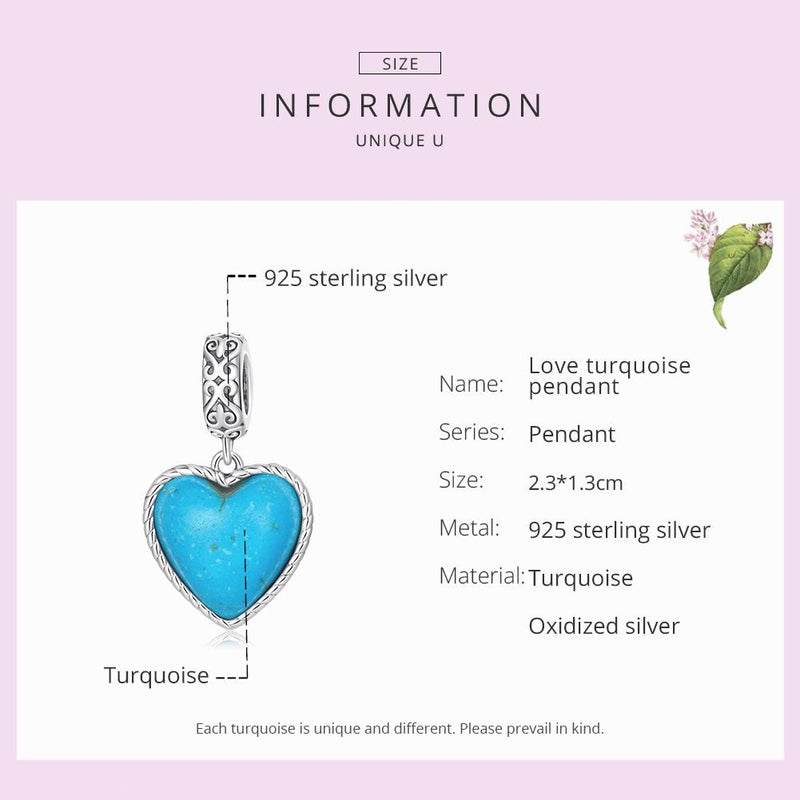 925 Sterling Silver Turquoise Heart Pendant For Diy Bracelets & Necklaces