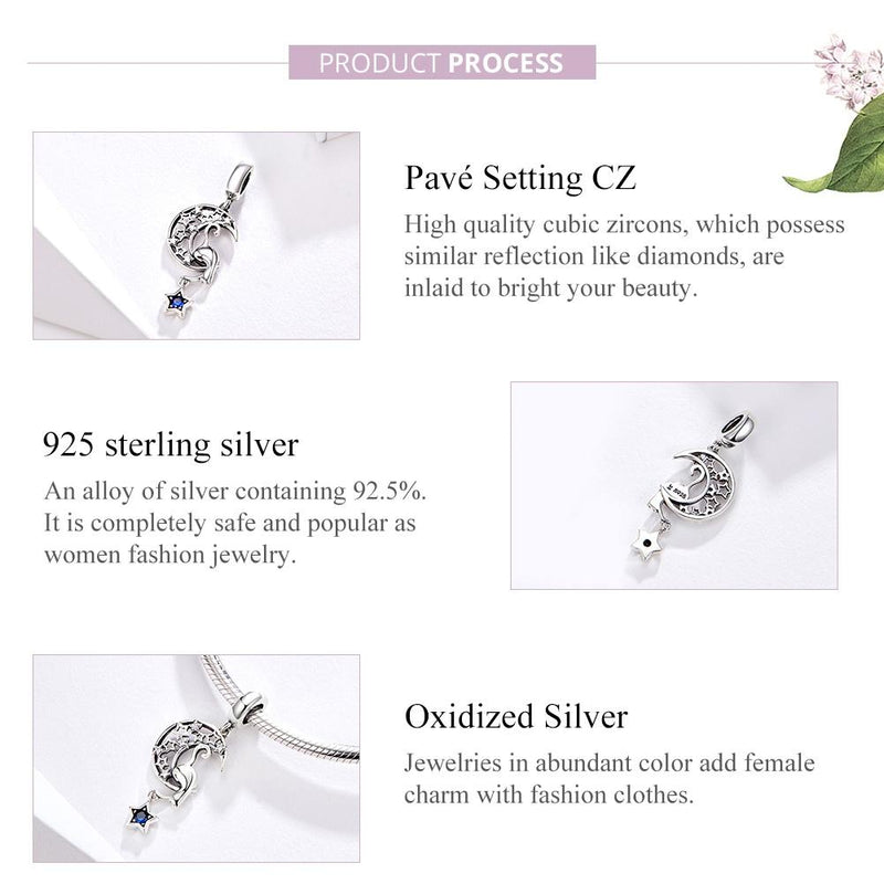 925 Sterling Silver Moon Cat Pendant For Bracelet Or Necklace