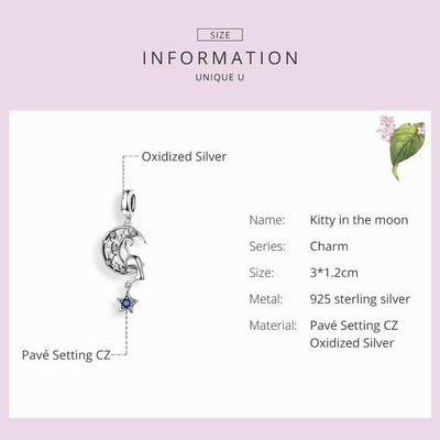 925 Sterling Silver Moon Cat Pendant For Bracelet Or Necklace