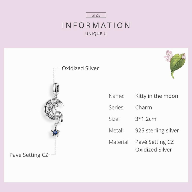 925 Sterling Silver Moon Cat Pendant For Bracelet Or Necklace