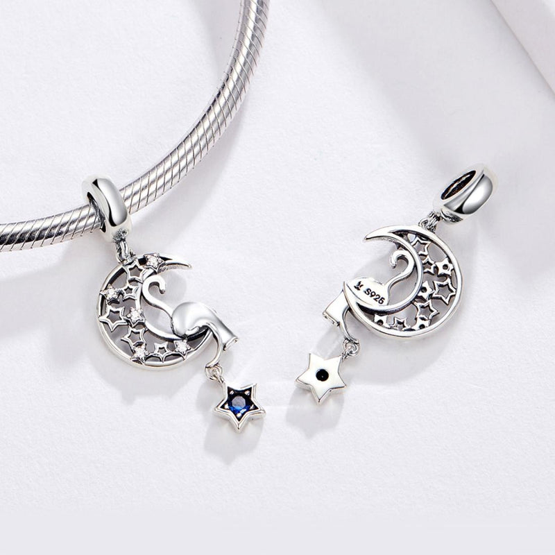925 Sterling Silver Moon Cat Pendant For Bracelet Or Necklace
