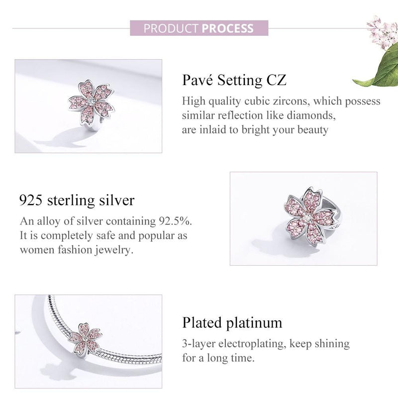 925 Sterling Silver Platinum Plated Pink Flower Beads For Diy Bracelets