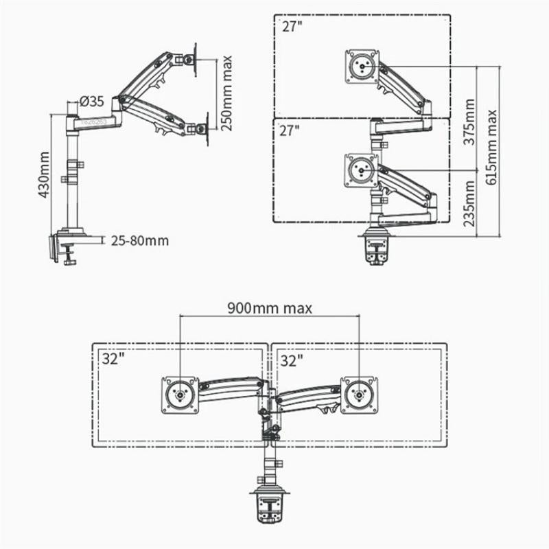 Full Motion Dual Arm Clamp for 22-32 Inch Lcd Tv Monitor Desk Holder with Gas Spring