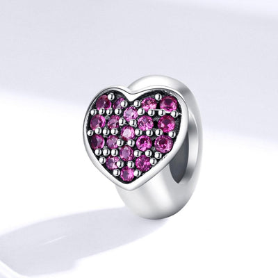 925 Sterling Silver Love Heart Pink Zircon Bracelet / Necklace Charm