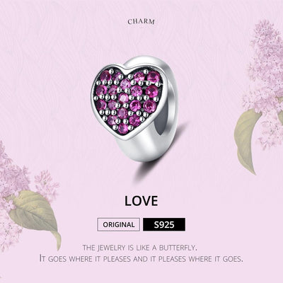 925 Sterling Silver Love Heart Pink Zircon Bracelet / Necklace Charm