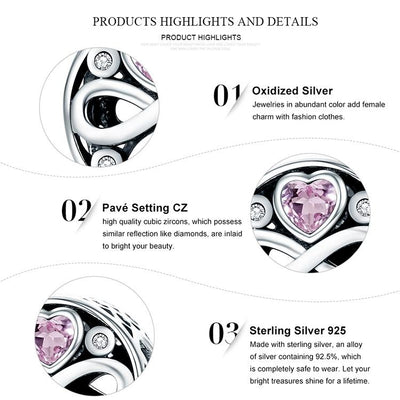 925 Sterling Silver Love Infinity Pink Heart Crystal Charm Bracelet