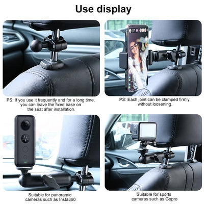 25mm Ballhead Car Seat Mount for Action Cameras with Phone Clamp and Anti-lost Case