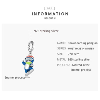 925 Sterling Silver Ski Penguin Pendant For Diy Bracelets & Necklaces
