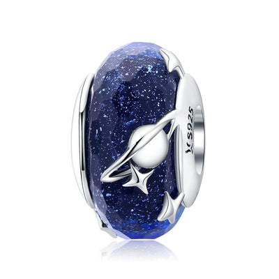 925 Sterling Silver Blue Glass Bead Pendant With Starry Sky Design