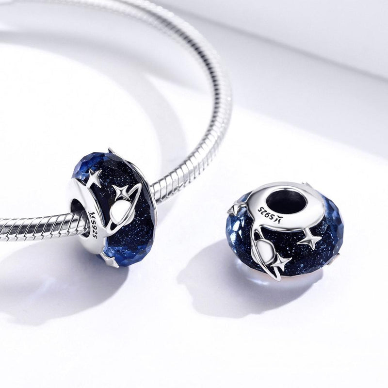 925 Sterling Silver Blue Glass Bead Pendant With Starry Sky Design
