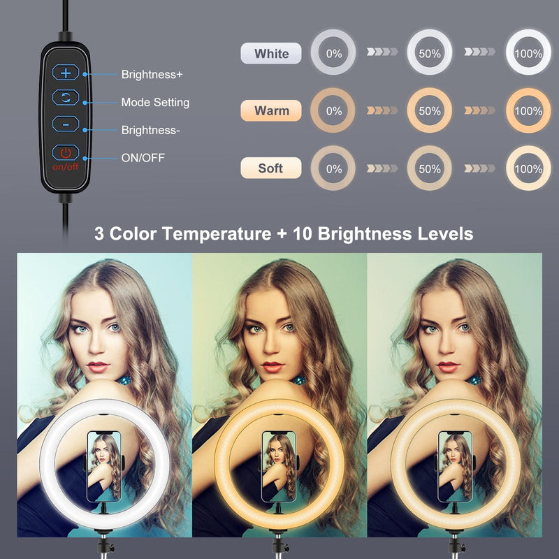 26Cm Dimmable Led Ring Light With Tripod And Phone Clamp - Black