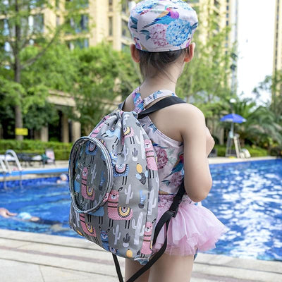 Blue Waterproof Drawstring Beach Bag L Size For Kids Wet & Dry Separation Shoulder Strap - Tibetan L