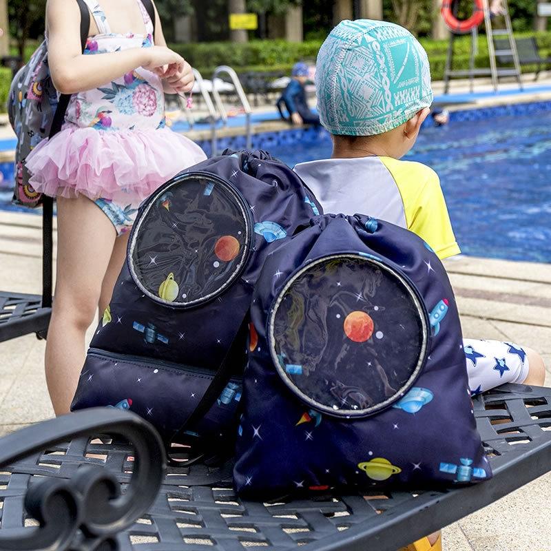 Blue Waterproof Drawstring Beach Bag L Size For Kids Wet & Dry Separation Shoulder Strap - Tibetan L