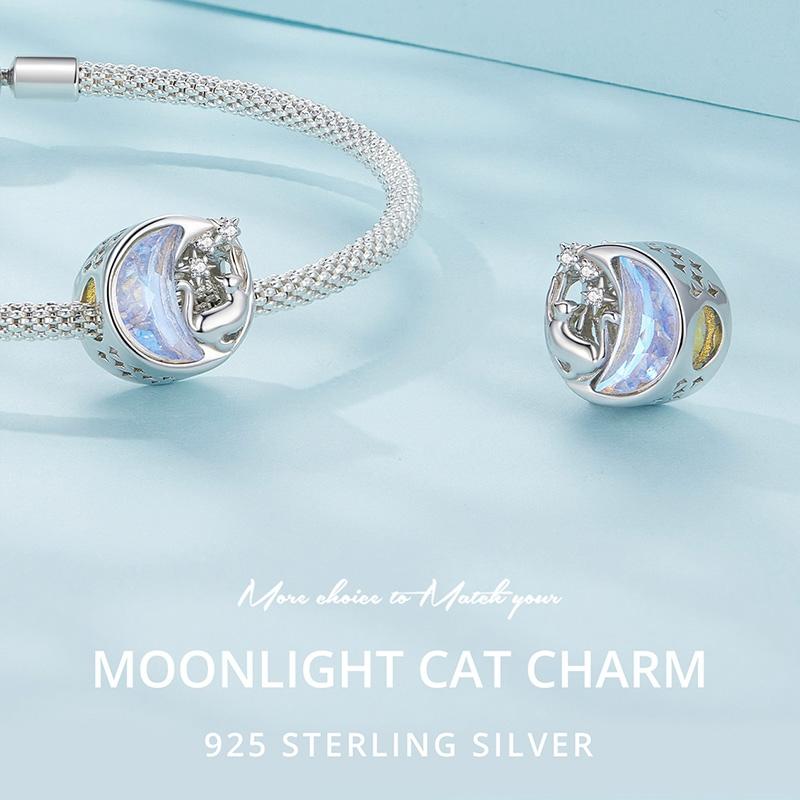 925 Sterling Silver Cat Moon Pendant For Diy Bracelets