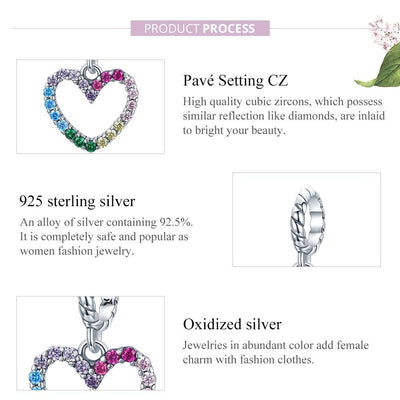 925 Sterling Silver Rainbow Heart Pendant For Diy Bracelets & Necklaces