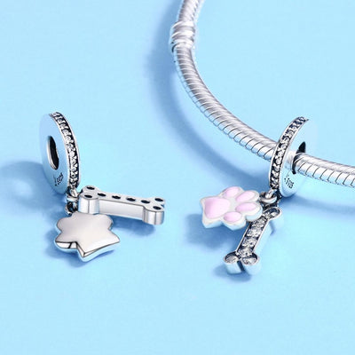 925 Sterling Silver Dog Footprint Diamond Bead Bracelet Charm