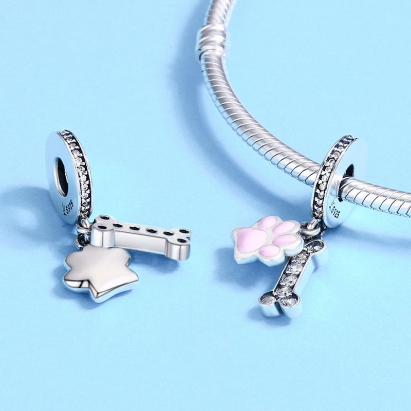 925 Sterling Silver Dog Footprint Diamond Bead Bracelet Charm