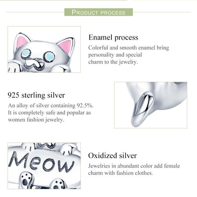 925 Sterling Silver Adorable Cat Charm For Diy Bracelets & Necklaces