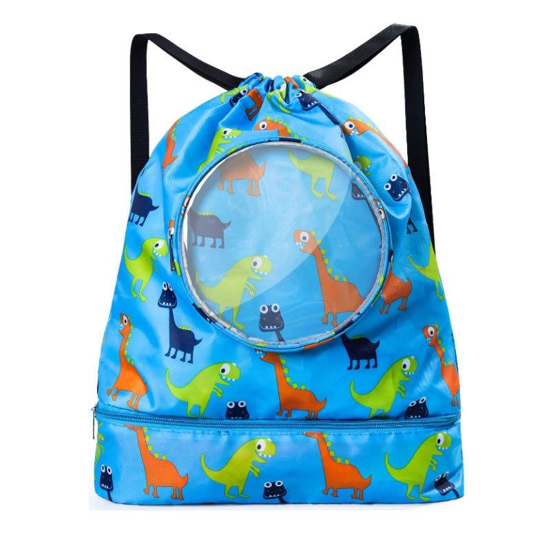 Blue Waterproof Drawstring Beach Bag L Size For Kids Wet & Dry Separation Shoulder Strap - Grey S