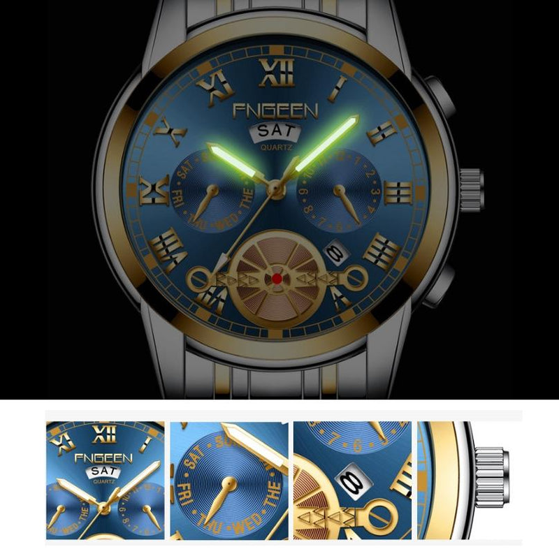 Gold Black Multi-Function Men Quartz Watch With Gold Nails
