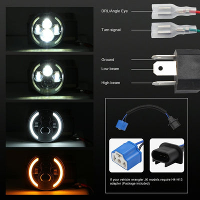 7 Inch H4 / H13 Dc 9V - 30V 3000Lm 3000K - 6000K 25W Car Round Shape Led Headlight Lamps For Jeep Wrangler With Angel Eye White Light