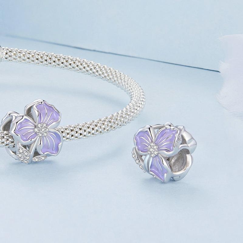 925 Sterling Silver Purple Flower Beads For Diy Bracelets