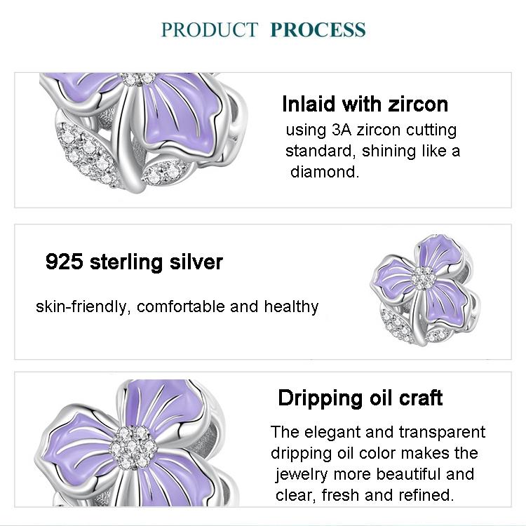 925 Sterling Silver Purple Flower Beads For Diy Bracelets