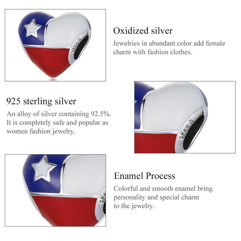 925 Sterling Silver Chilean Flag Heart Beads For Diy Bracelets & Necklaces