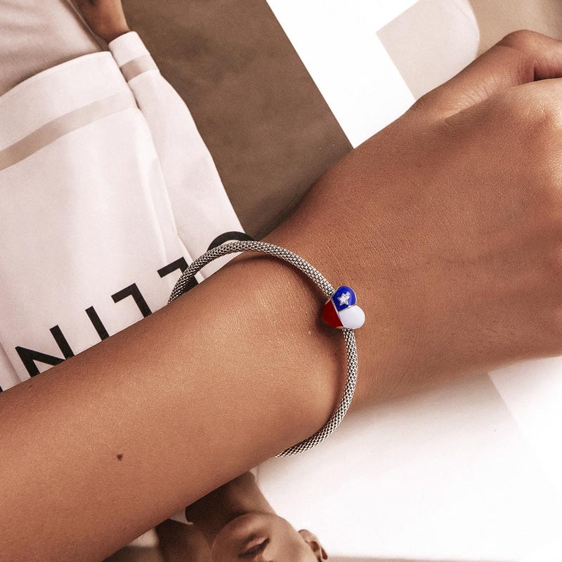 925 Sterling Silver Chilean Flag Heart Beads For Diy Bracelets & Necklaces