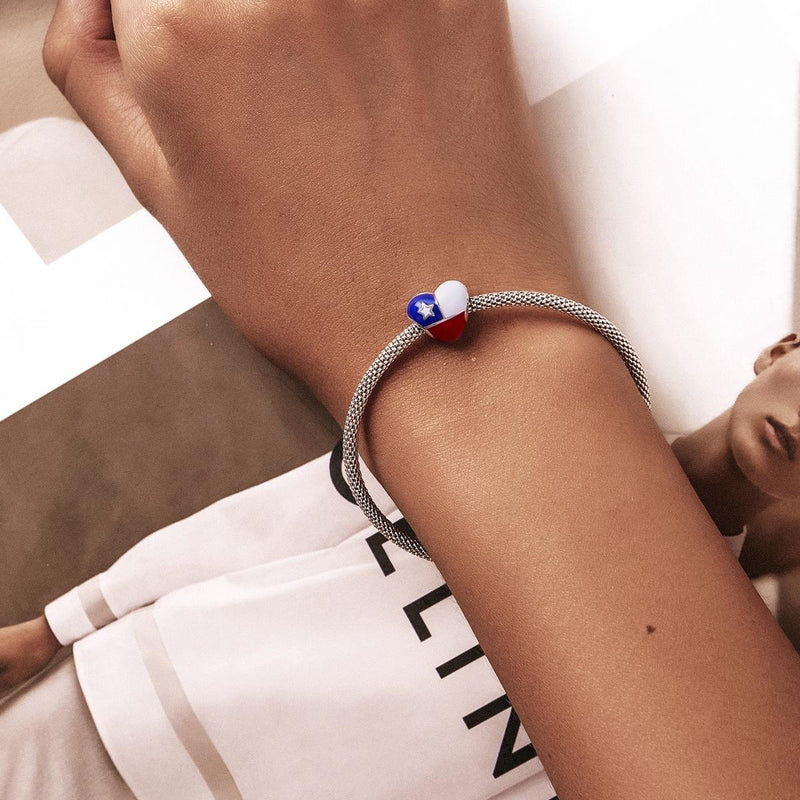 925 Sterling Silver Chilean Flag Heart Beads For Diy Bracelets & Necklaces