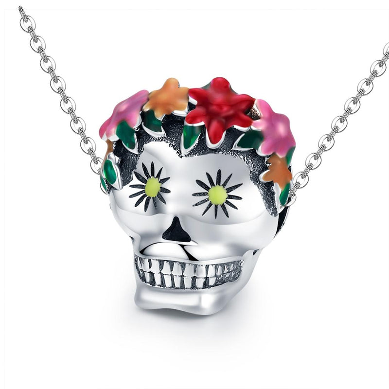 925 Sterling Silver Colorful Enamel Flower Skull Charms Bracelet